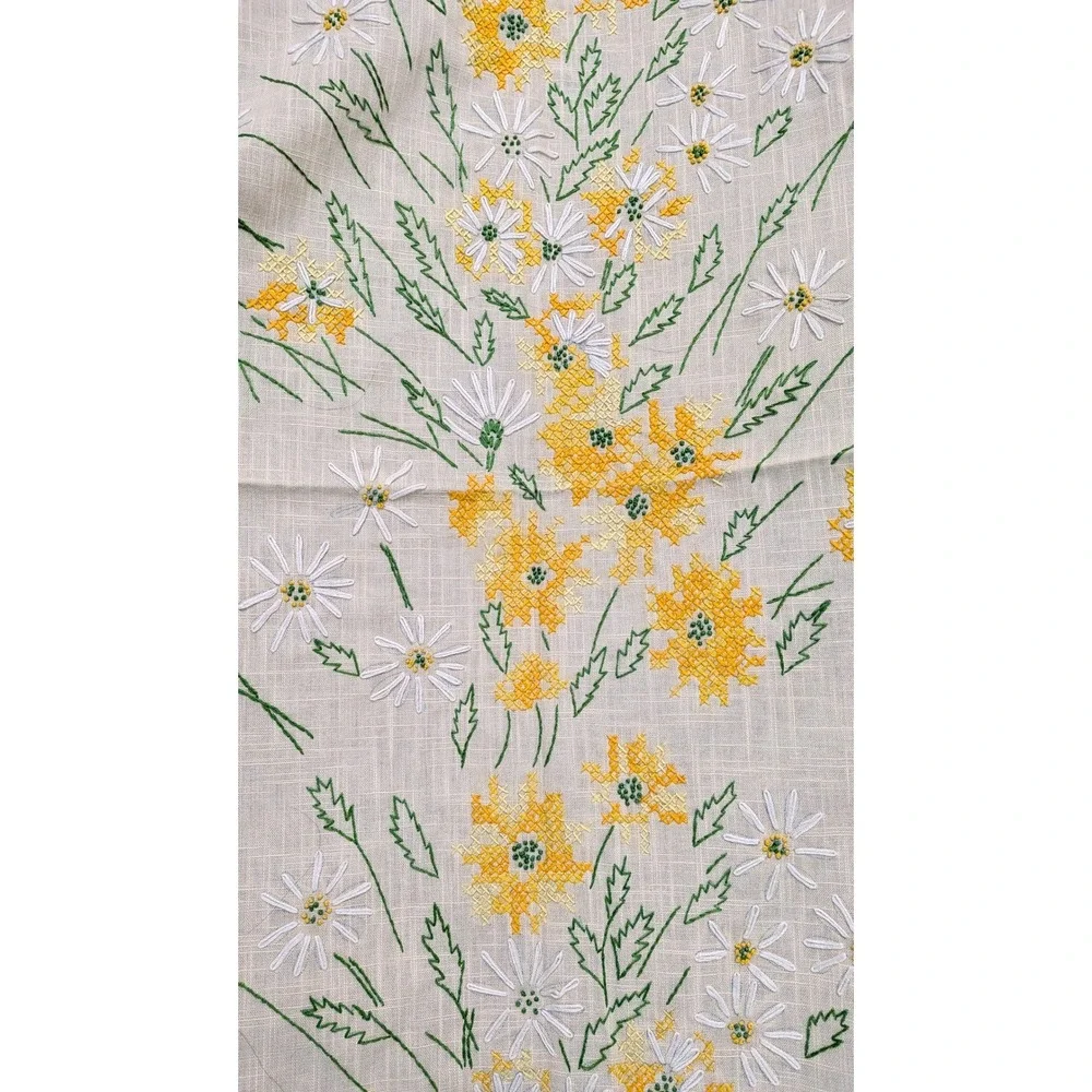 Vintage Hand Embroidered Floral Tablecloth Yellow White Daisy Cross Stitch 58x84
